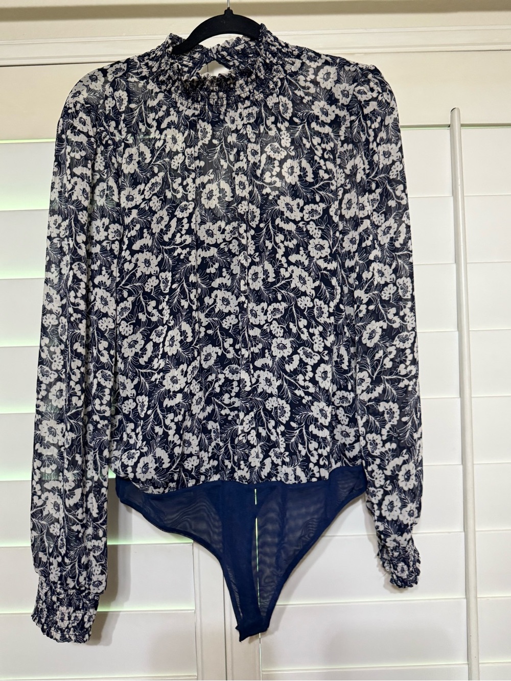 Socialite Navy and White Floral Smocked-Neck Bodysuit